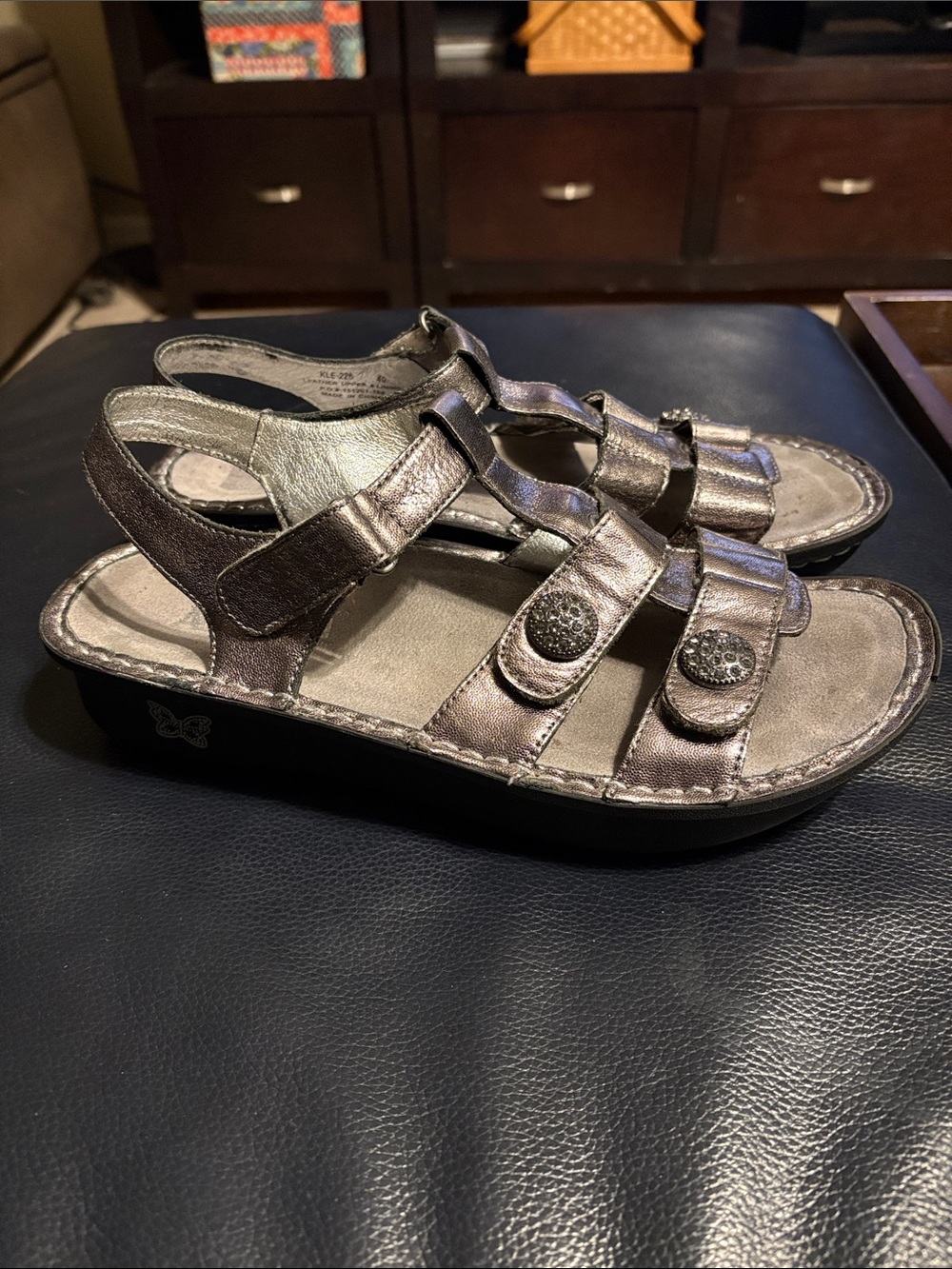 Alegria Kleo Silver Metallic Gladiator Sandal Crystal Button Embellishment